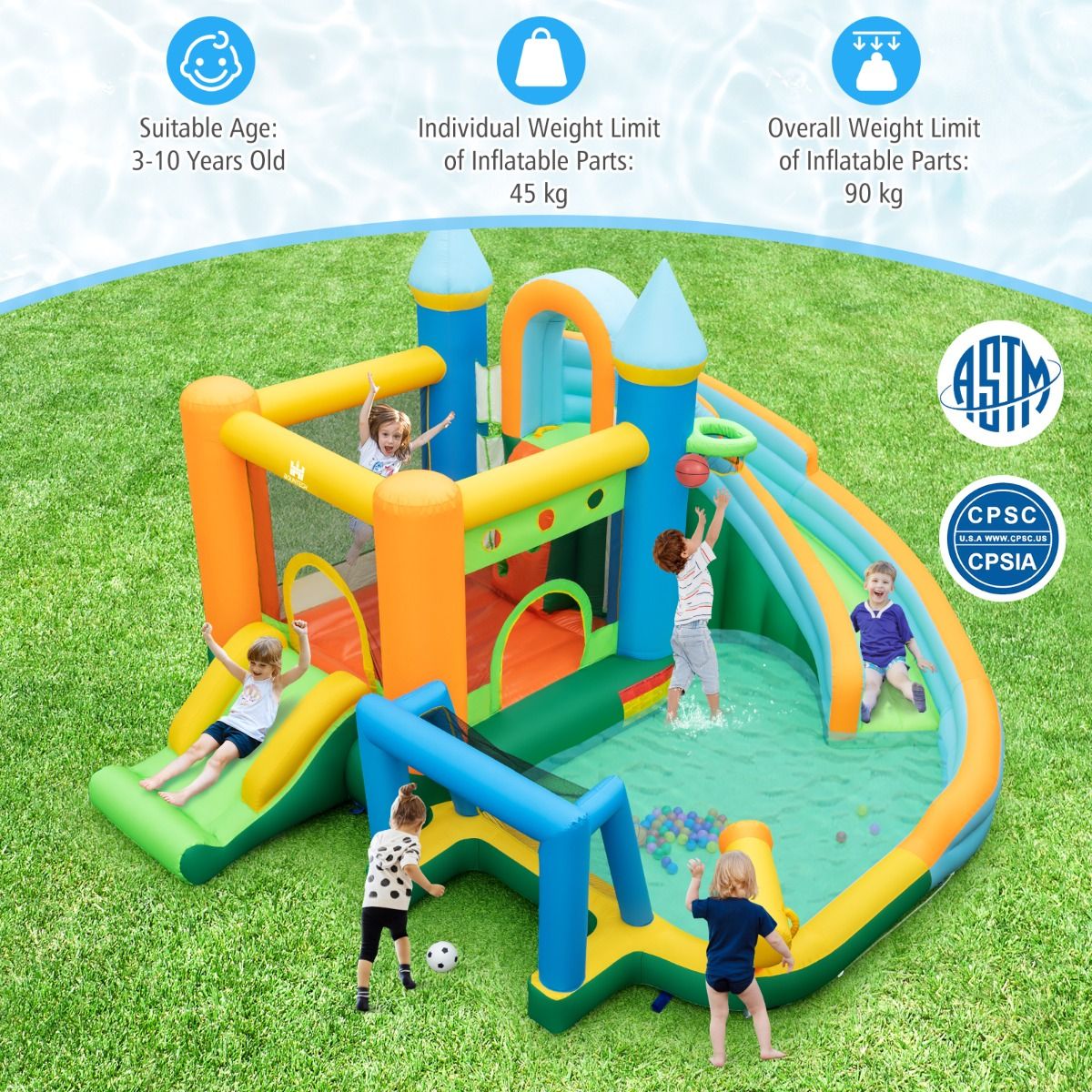 Coast Opblaasbaar Waterpark Springkasteel - 2 Glijbanen, Klimwand, Waterwerper, Max. 90 kg - 463 x 395 x 251 cm - Oxford/PVC - Veelkleurig