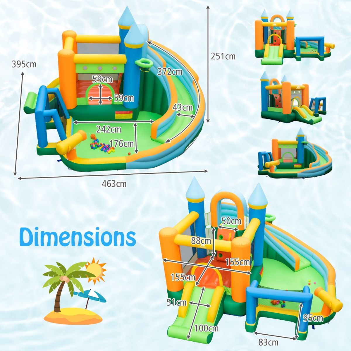 Coast Opblaasbaar Waterpark Springkasteel - 2 Glijbanen, Klimwand, Waterwerper, Max. 90 kg - 463 x 395 x 251 cm - Oxford/PVC - Veelkleurig