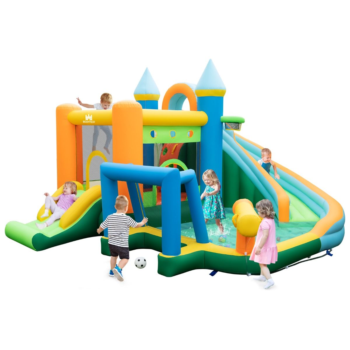 Coast Opblaasbaar Waterpark Springkasteel - 2 Glijbanen, Klimwand, Waterwerper, Max. 90 kg - 463 x 395 x 251 cm - Oxford/PVC - Veelkleurig
