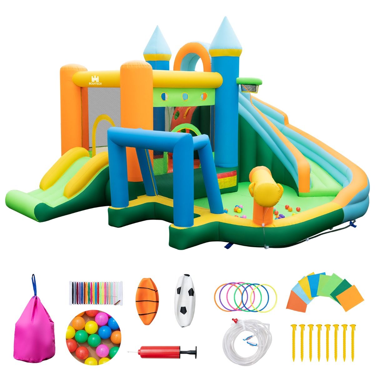 Coast Opblaasbaar Waterpark Springkasteel - 2 Glijbanen, Klimwand, Waterwerper, Max. 90 kg - 463 x 395 x 251 cm - Oxford/PVC - Veelkleurig
