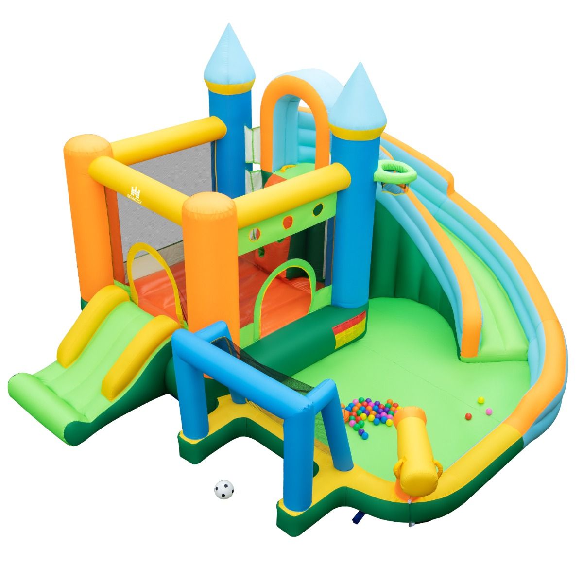 Coast Opblaasbaar Waterpark Springkasteel - 2 Glijbanen, Klimwand, Waterwerper, Max. 90 kg - 463 x 395 x 251 cm - Oxford/PVC - Veelkleurig