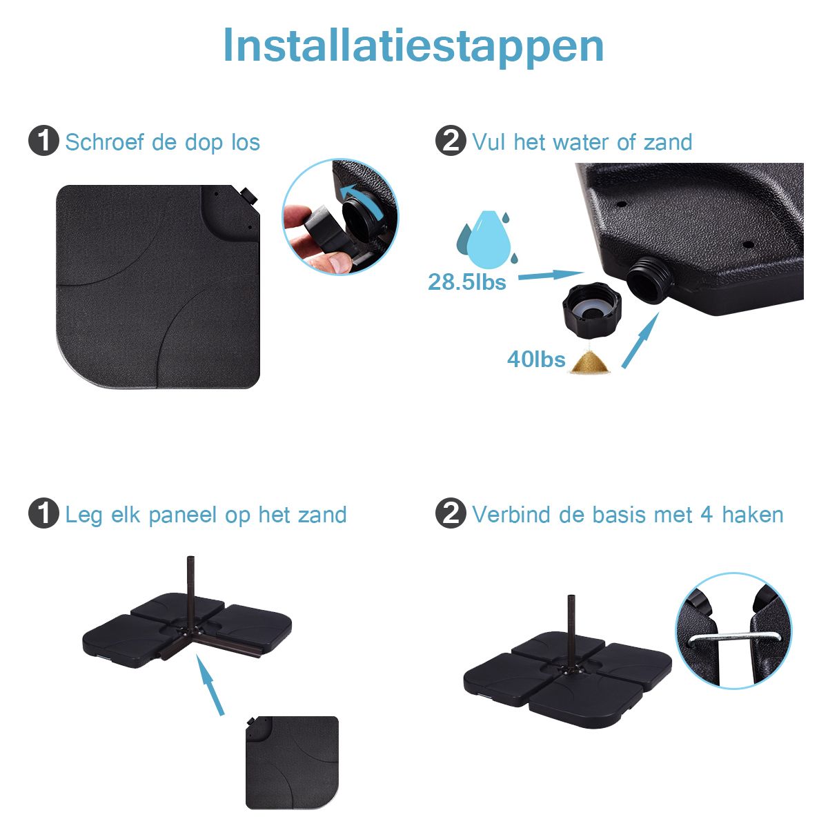 Coast 4-Delige Paraplubak Set Zwart 51 x 51 x 8 cm - Vulbare Parasolvoet voor Zweefparasol Buiten