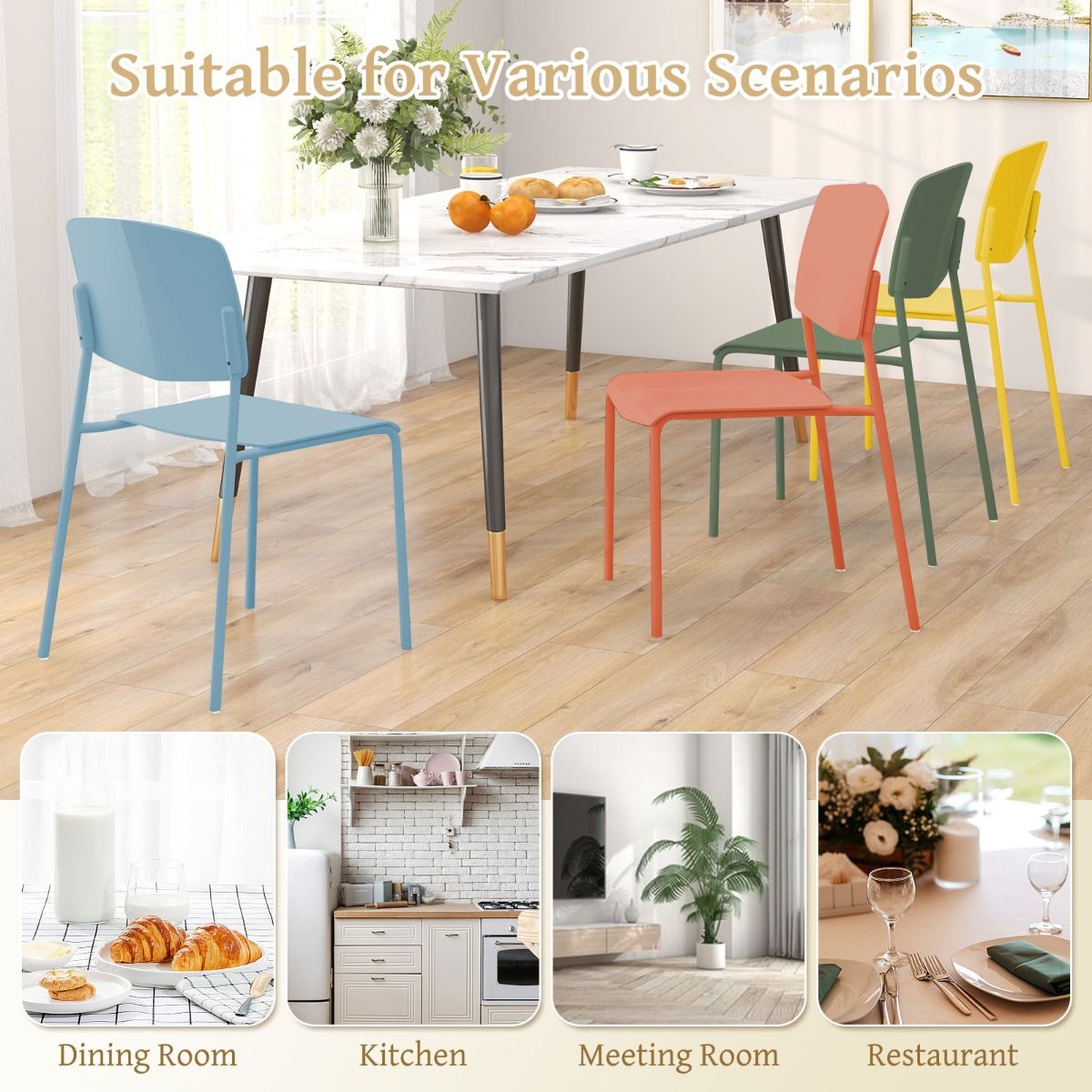 Coast Set van 4 Eetkamerstoelen Zonder Armleuningen – Stapelbaar – Ergonomische Rugleuning – 54 x 46 x 84 cm – Meerkleurig