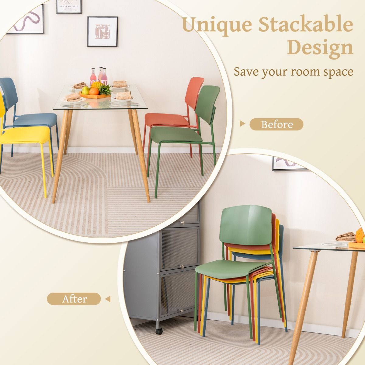 Coast Set van 4 Eetkamerstoelen Zonder Armleuningen – Stapelbaar – Ergonomische Rugleuning – 54 x 46 x 84 cm – Meerkleurig