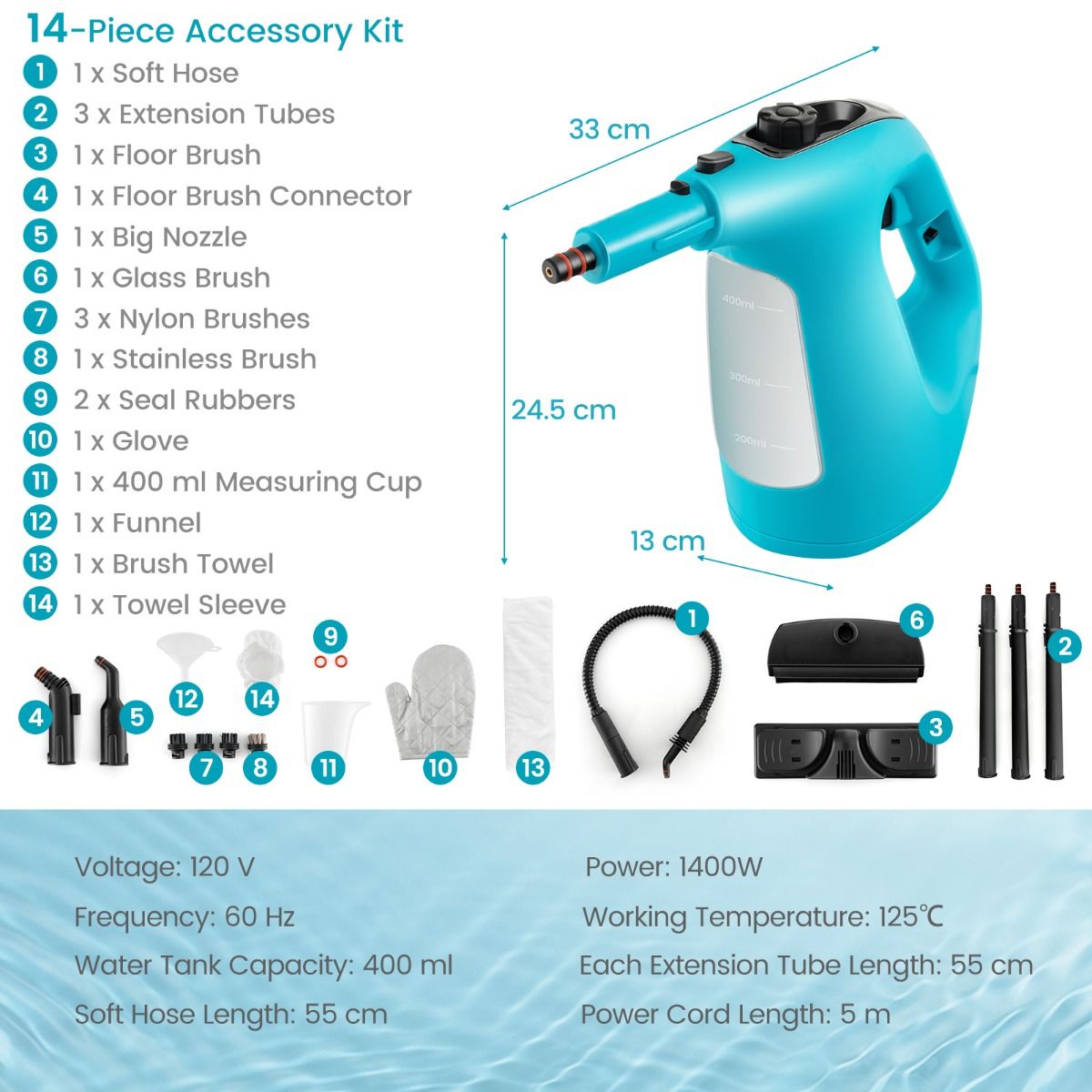 Coast Stoomreiniger - Draagbaar - 1400W - Incl. Accessoires - Blauw