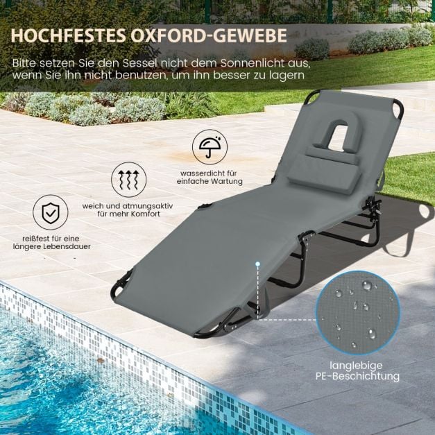 Coast Opvouwbare Ligstoel – 5-Standen Verstelbaar met Gezichtsopening en 3 Kussens – Grijs