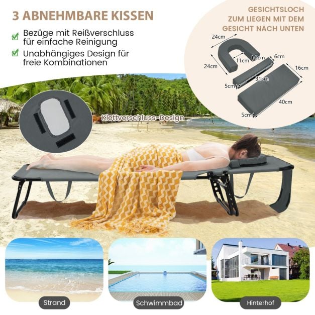 Coast Opvouwbare Ligstoel – 5-Standen Verstelbaar met Gezichtsopening en 3 Kussens – Grijs