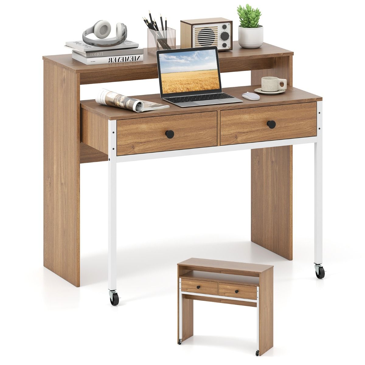 Coast Uitschuifbaar Bureau met 2 Lades en Wielen - 100 x 63 x 88 cm - Natuurlijke Houtkleur