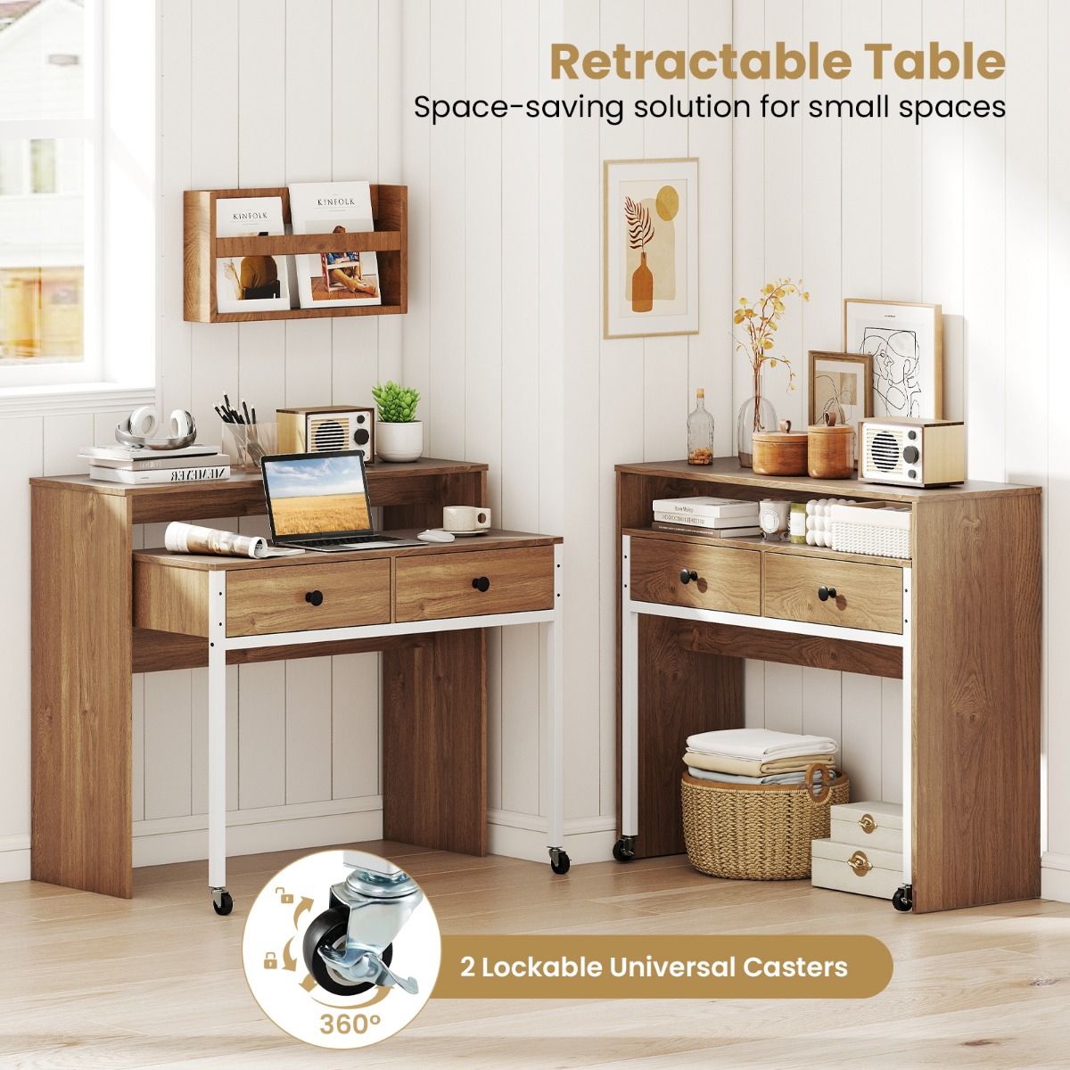 Coast Uitschuifbaar Bureau met 2 Lades en Wielen - 100 x 63 x 88 cm - Natuurlijke Houtkleur