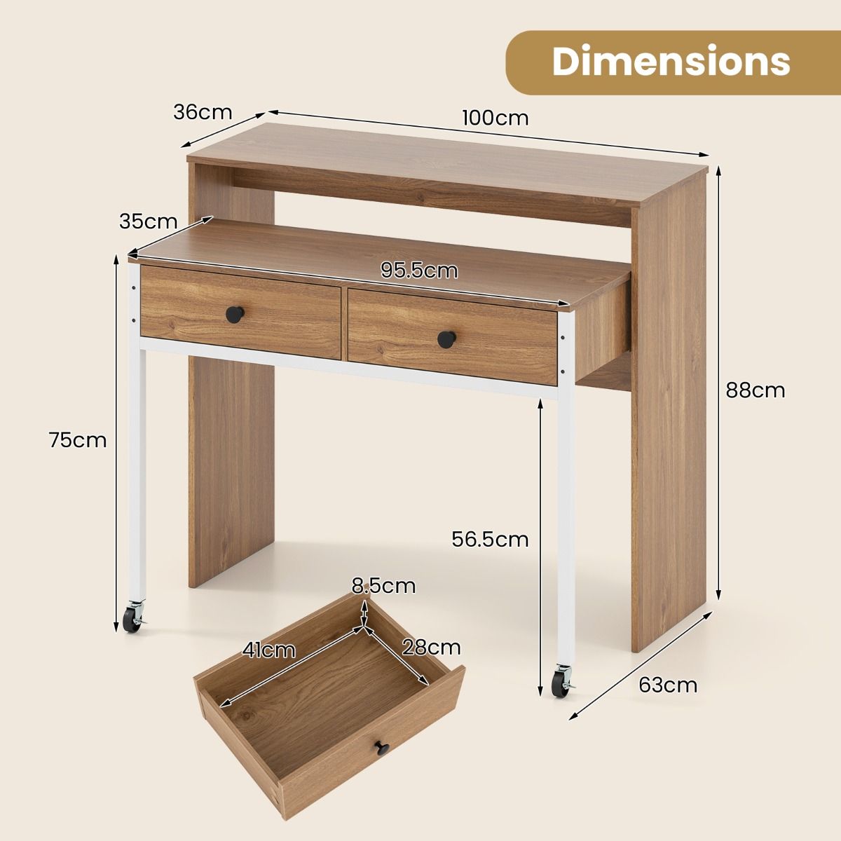 Coast Uitschuifbaar Bureau met 2 Lades en Wielen - 100 x 63 x 88 cm - Natuurlijke Houtkleur