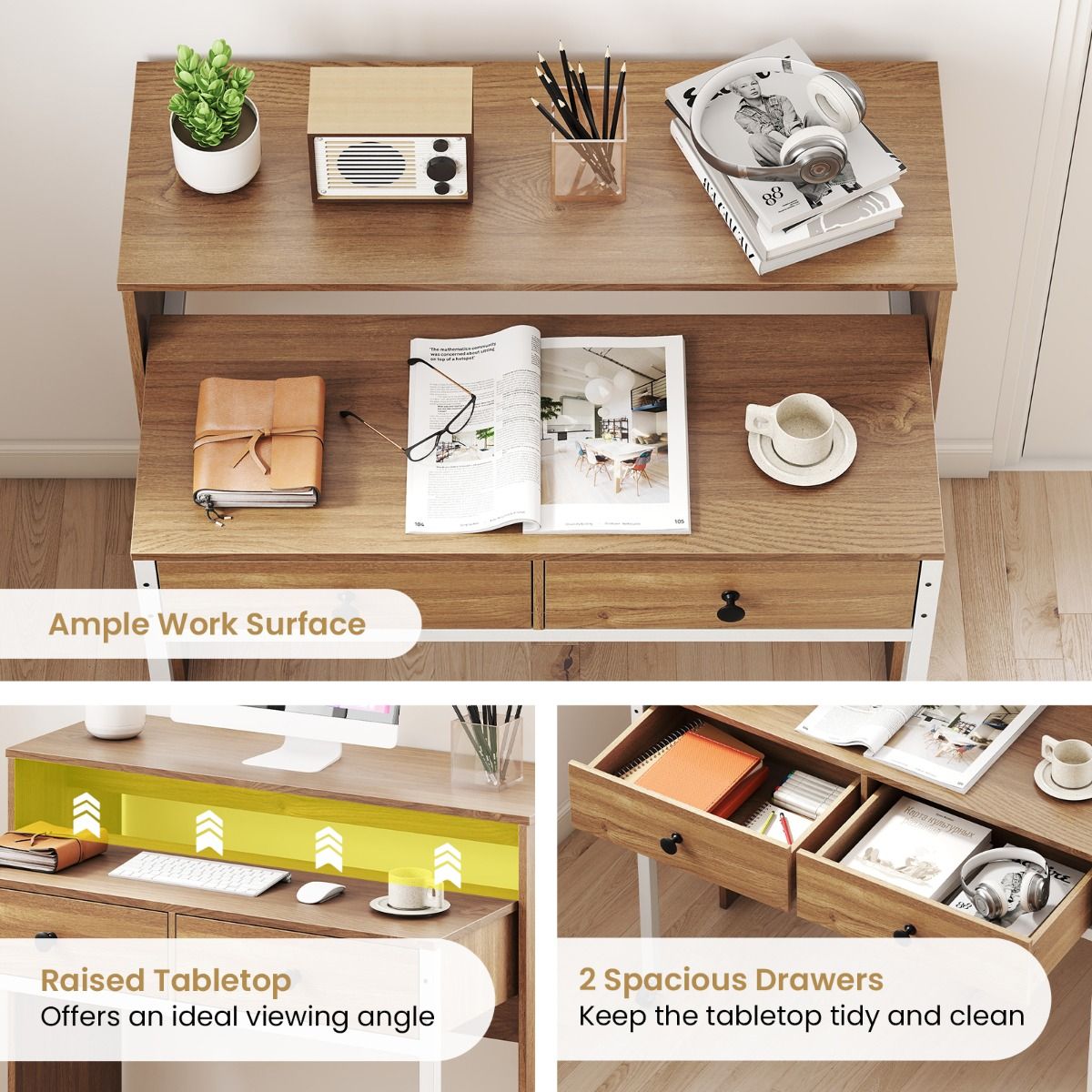 Coast Uitschuifbaar Bureau met 2 Lades en Wielen - 100 x 63 x 88 cm - Natuurlijke Houtkleur