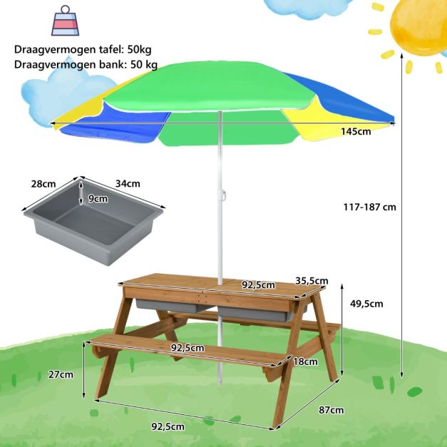 Coast Picknicktafelset - 3-in-1 - 92,5 x 87 x 49,5 cm - Incl. Parasol & Banken