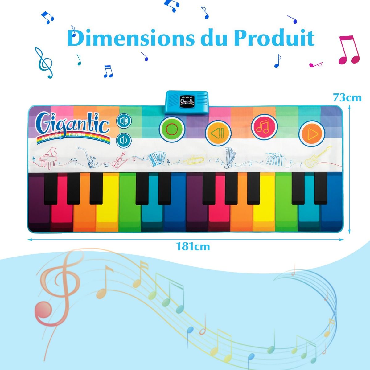 Coast Kinderdansmat met 24 Pianotoetsen & 8 Instrumentgeluiden - Muziekspeelmat 181 x 73 cm - Kleurrijk