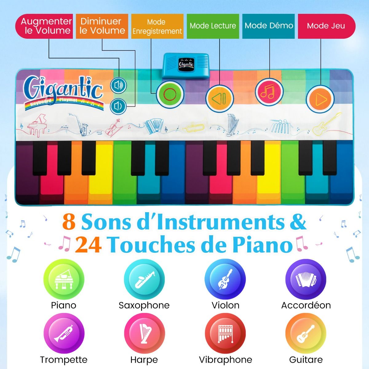 Coast Kinderdansmat met 24 Pianotoetsen & 8 Instrumentgeluiden - Muziekspeelmat 181 x 73 cm - Kleurrijk