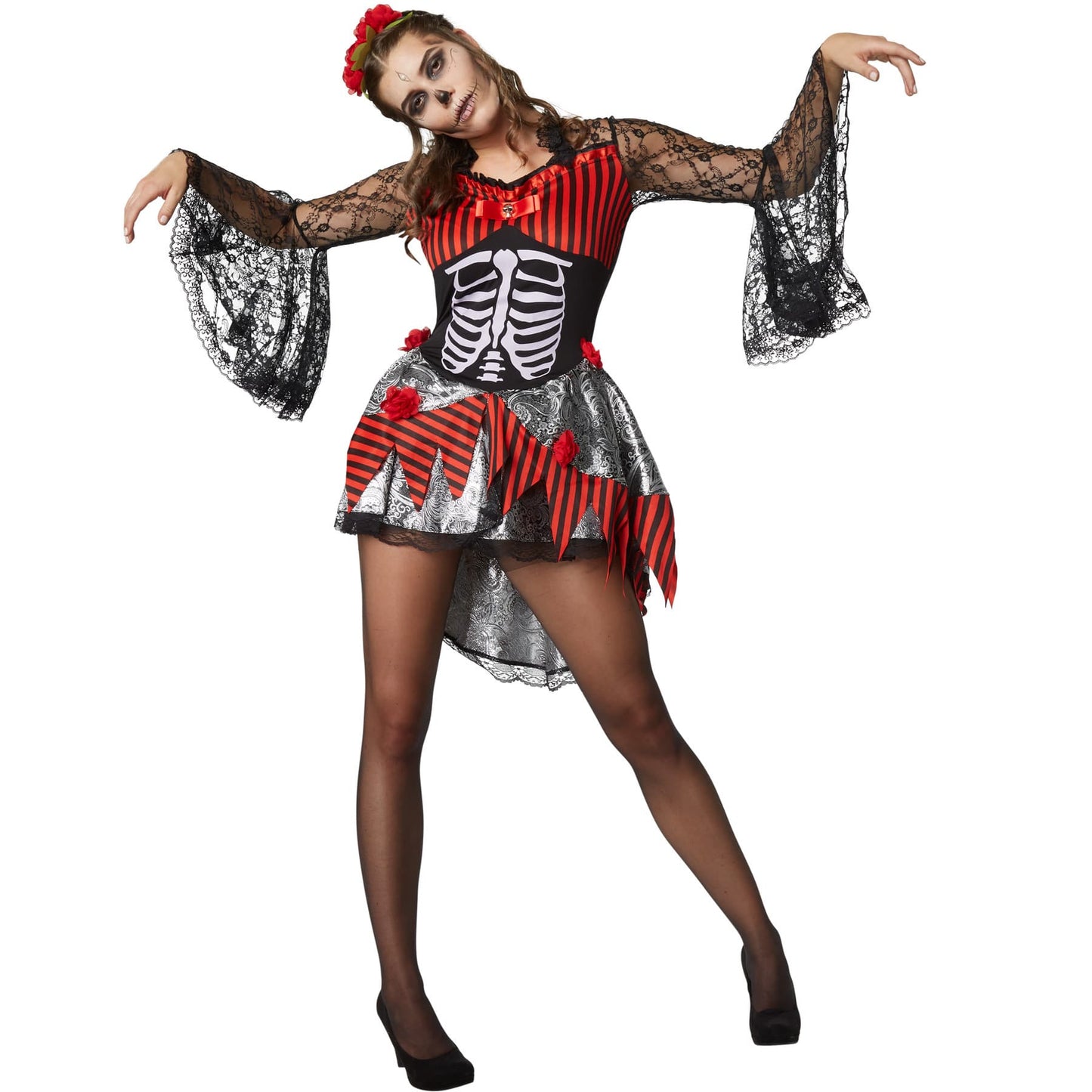 TecTake Halloween Danseres Kostuum Dames - L - Rood – Jurk met Skeletprint, Kant en Haarband