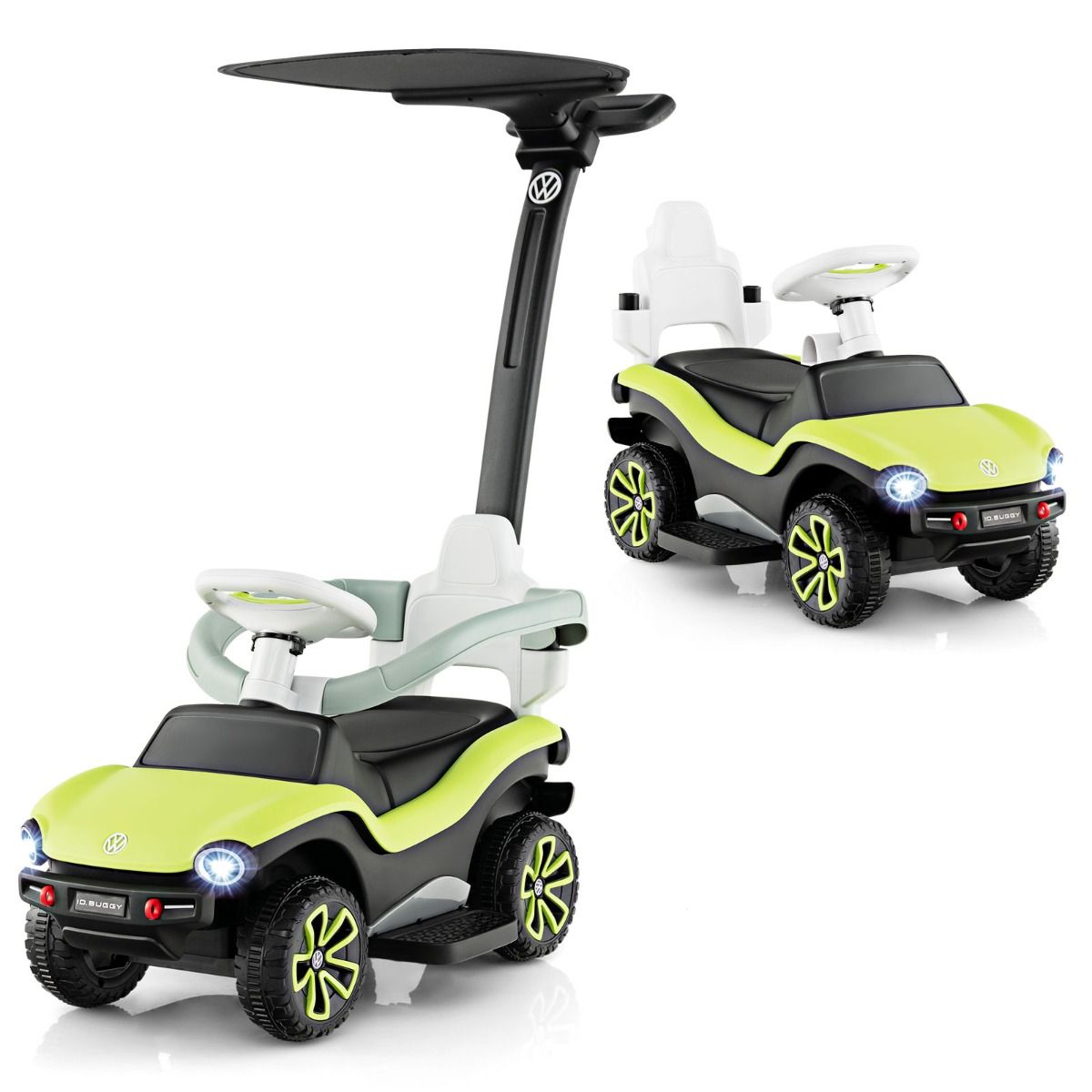 Coast 3-in-1 Volkswagen Kinderduwauto Groen 96 x 40 x 93 cm - Loopauto met Verstelbare Duwbeugel, Zonnekap, Muziek, Claxon en Opbergruimte