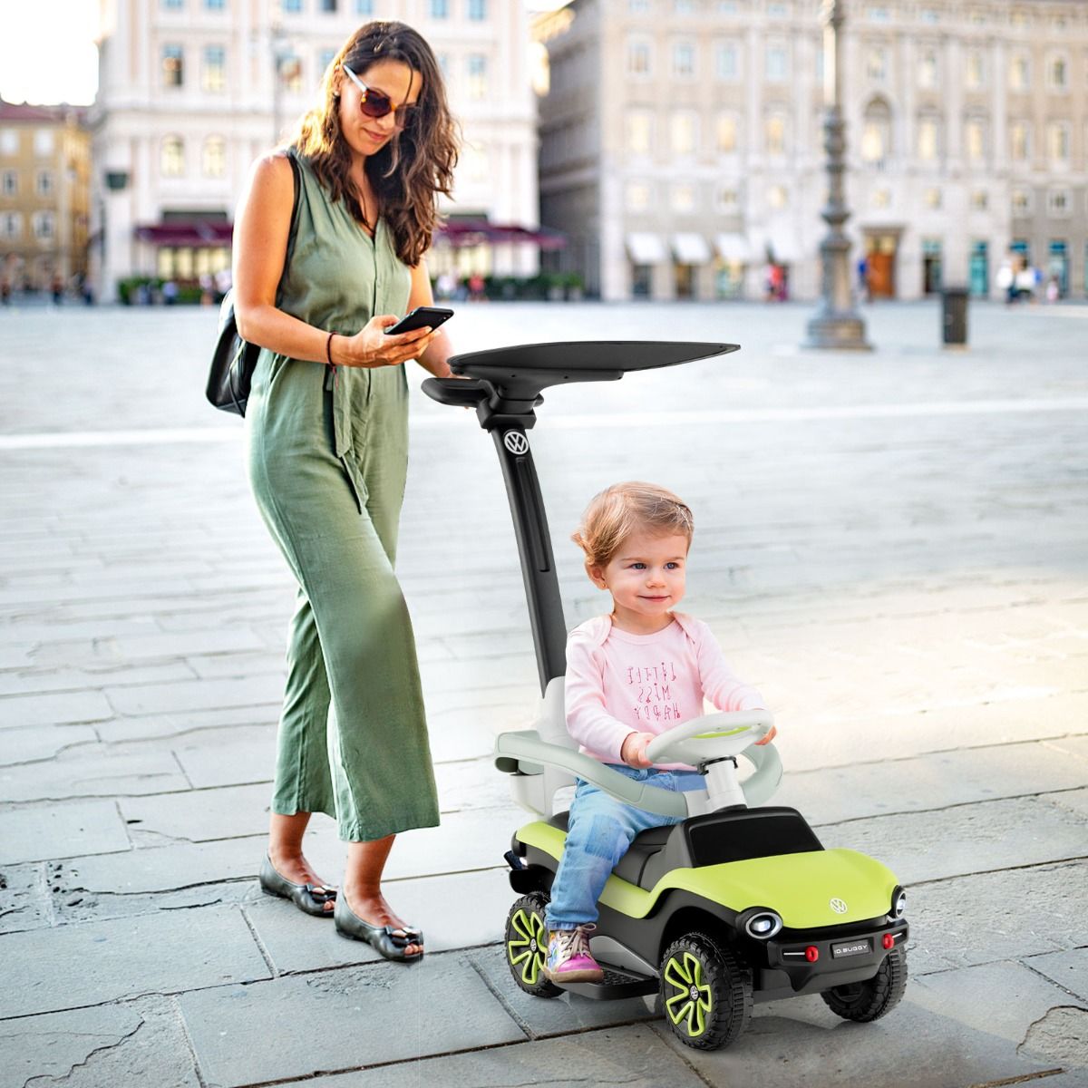 Coast 3-in-1 Volkswagen Kinderduwauto Groen 96 x 40 x 93 cm - Loopauto met Verstelbare Duwbeugel, Zonnekap, Muziek, Claxon en Opbergruimte