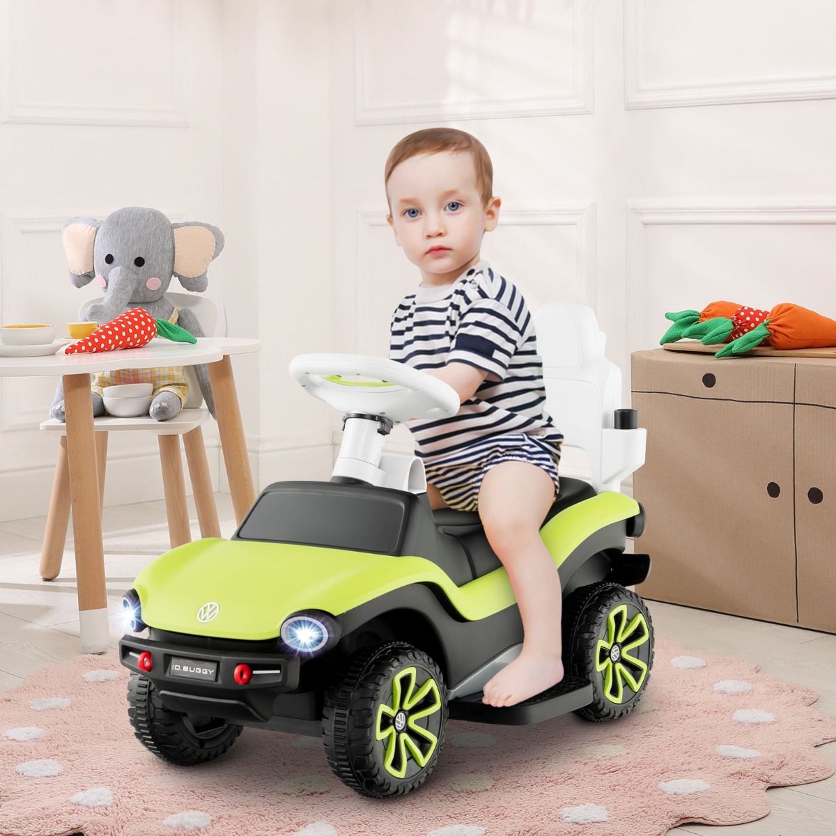 Coast 3-in-1 Volkswagen Kinderduwauto Groen 96 x 40 x 93 cm - Loopauto met Verstelbare Duwbeugel, Zonnekap, Muziek, Claxon en Opbergruimte