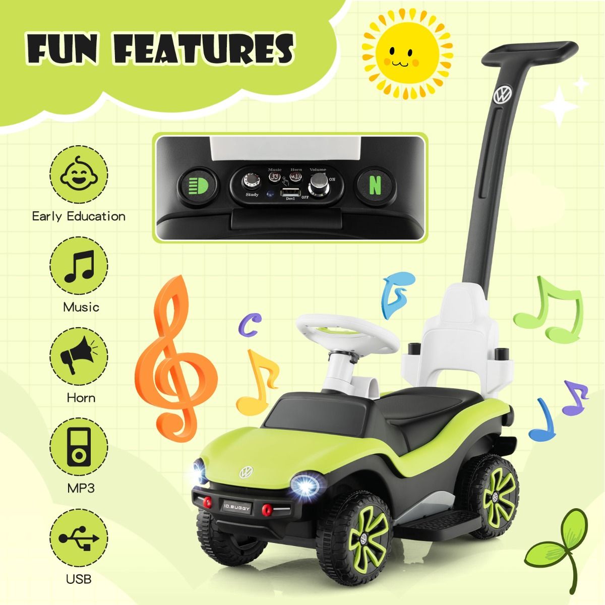 Coast 3-in-1 Volkswagen Kinderduwauto Groen 96 x 40 x 93 cm - Loopauto met Verstelbare Duwbeugel, Zonnekap, Muziek, Claxon en Opbergruimte