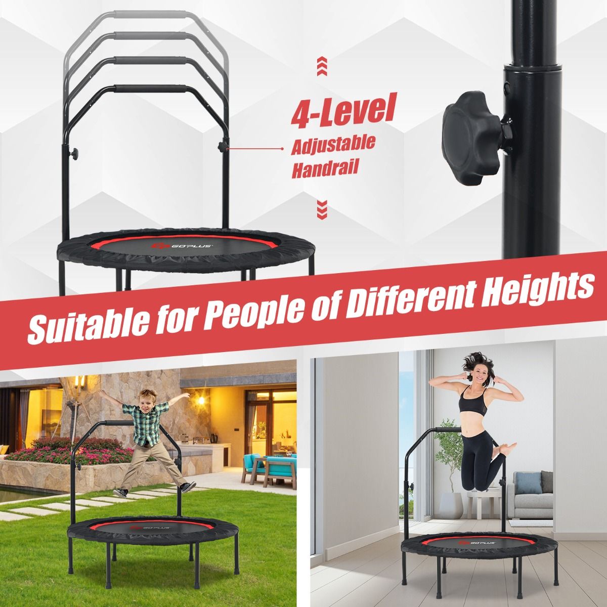 Coast Fitness Trampoline Ø101 cm Rood - Opvouwbare Mini Trampoline met Verstelbare Handgreep & 2 Weerstandsbanden - Belastbaar tot 150 kg
