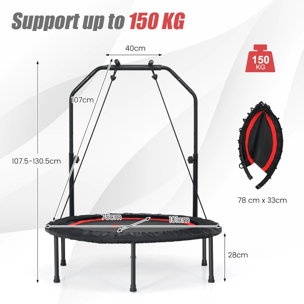 Coast Fitness Trampoline Ø101 cm Rood - Opvouwbare Mini Trampoline met Verstelbare Handgreep & 2 Weerstandsbanden - Belastbaar tot 150 kg