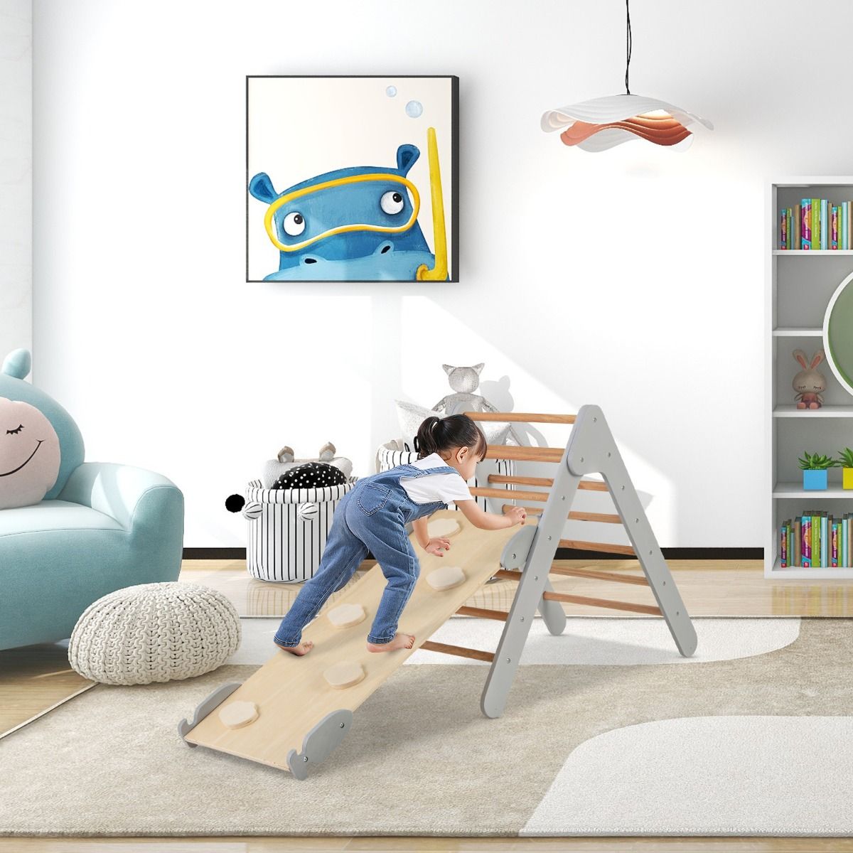Coast Klimdriehoek met Glijbaan - 86,5x48x73,5 cm - Houten Klimrek met Verstelbare Helling 98x38 cm - Natuur/Grijs