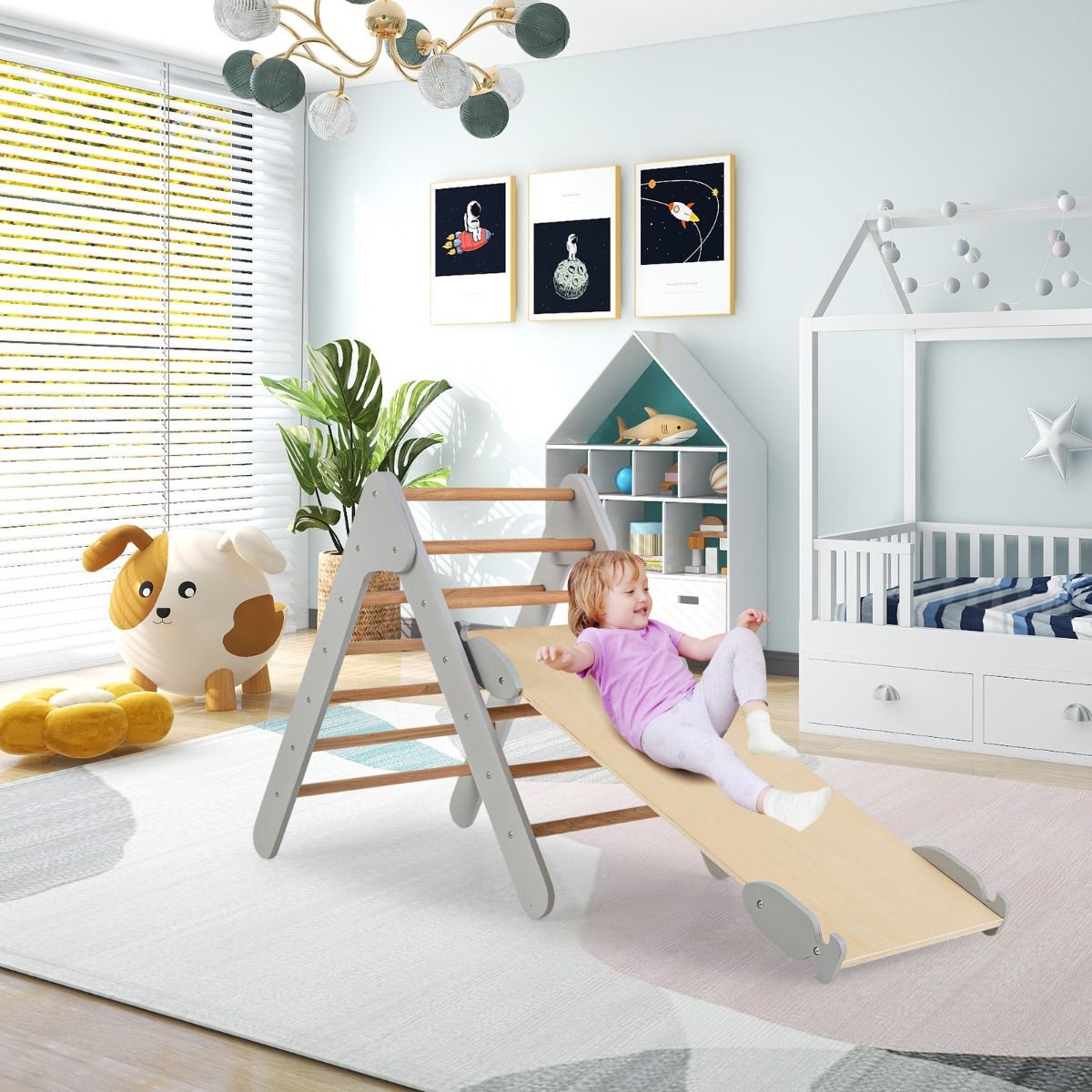 Coast Klimdriehoek met Glijbaan - 86,5x48x73,5 cm - Houten Klimrek met Verstelbare Helling 98x38 cm - Natuur/Grijs