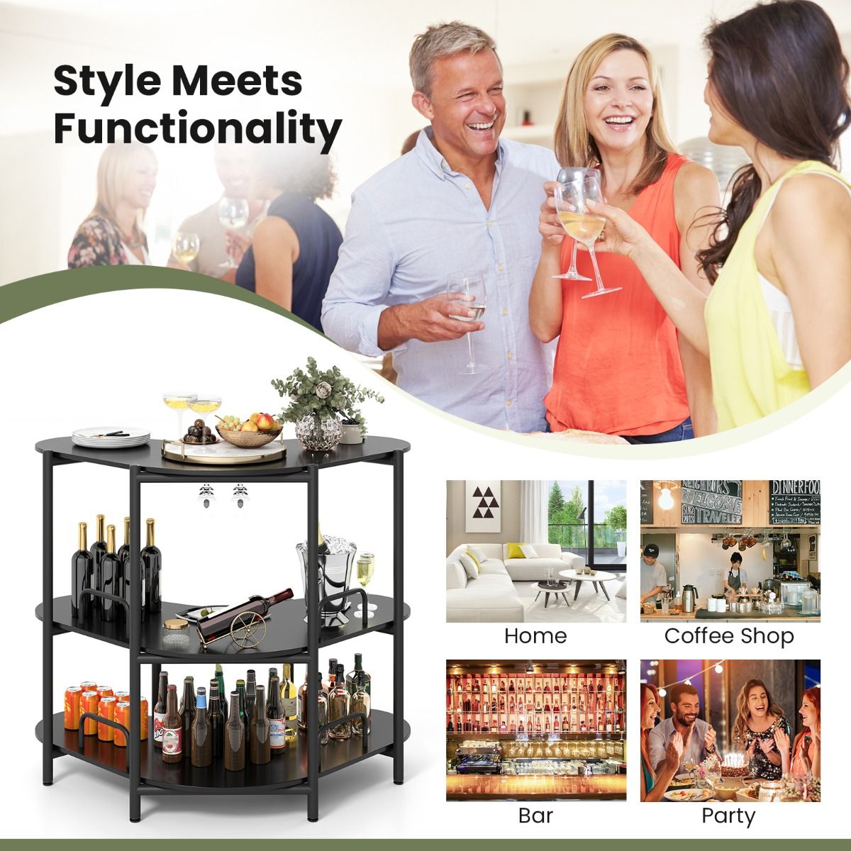 Coast Bartafel Keukentafel - 3 Niveaus, Glazenhouder, Max. 90 kg - 120 x 66 x 102 cm - Houtvezelplaat/Metaal - Zwart