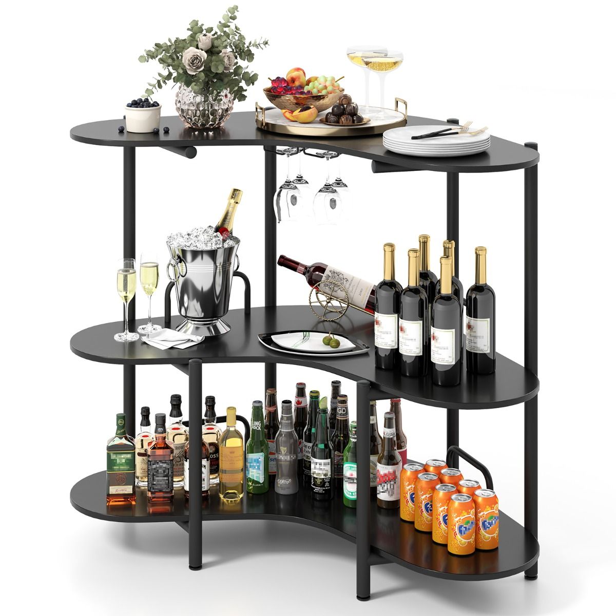 Coast Bartafel Keukentafel - 3 Niveaus, Glazenhouder, Max. 90 kg - 120 x 66 x 102 cm - Houtvezelplaat/Metaal - Zwart