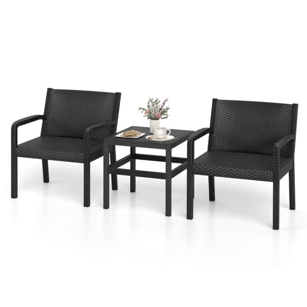 Coast Balkonset Zwart – 3-Delige Rattan Look Tuinmeubelset met 2 Stoelen en Tafel – Tafel 50 x 50 x 52,5 cm