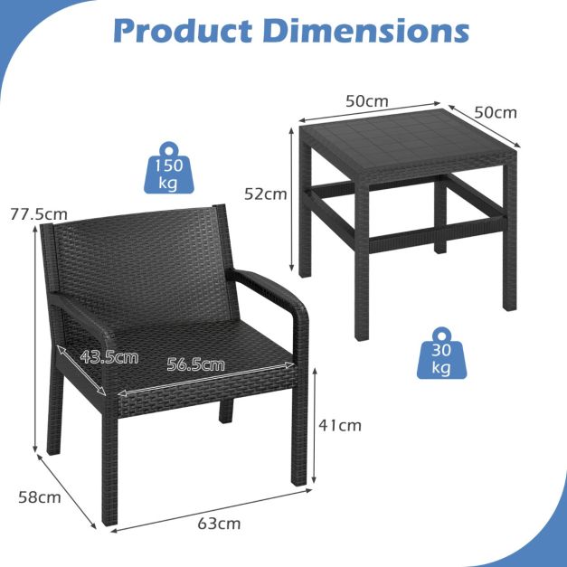 Coast Balkonset Zwart – 3-Delige Rattan Look Tuinmeubelset met 2 Stoelen en Tafel – Tafel 50 x 50 x 52,5 cm
