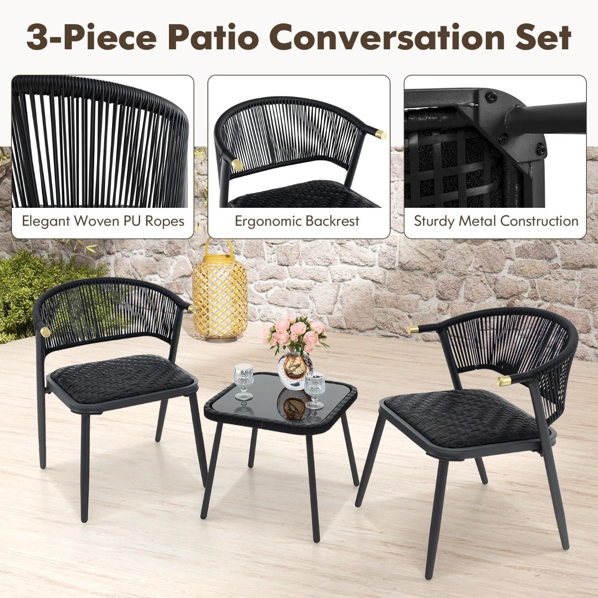 Coast 3-Delige Rotan Loungeset Gemêleerd Bruin - 2 Terrasstoelen met Sneldrogend Schuim en Salontafel van Gehard Glas - 57 x 58 x 76 cm