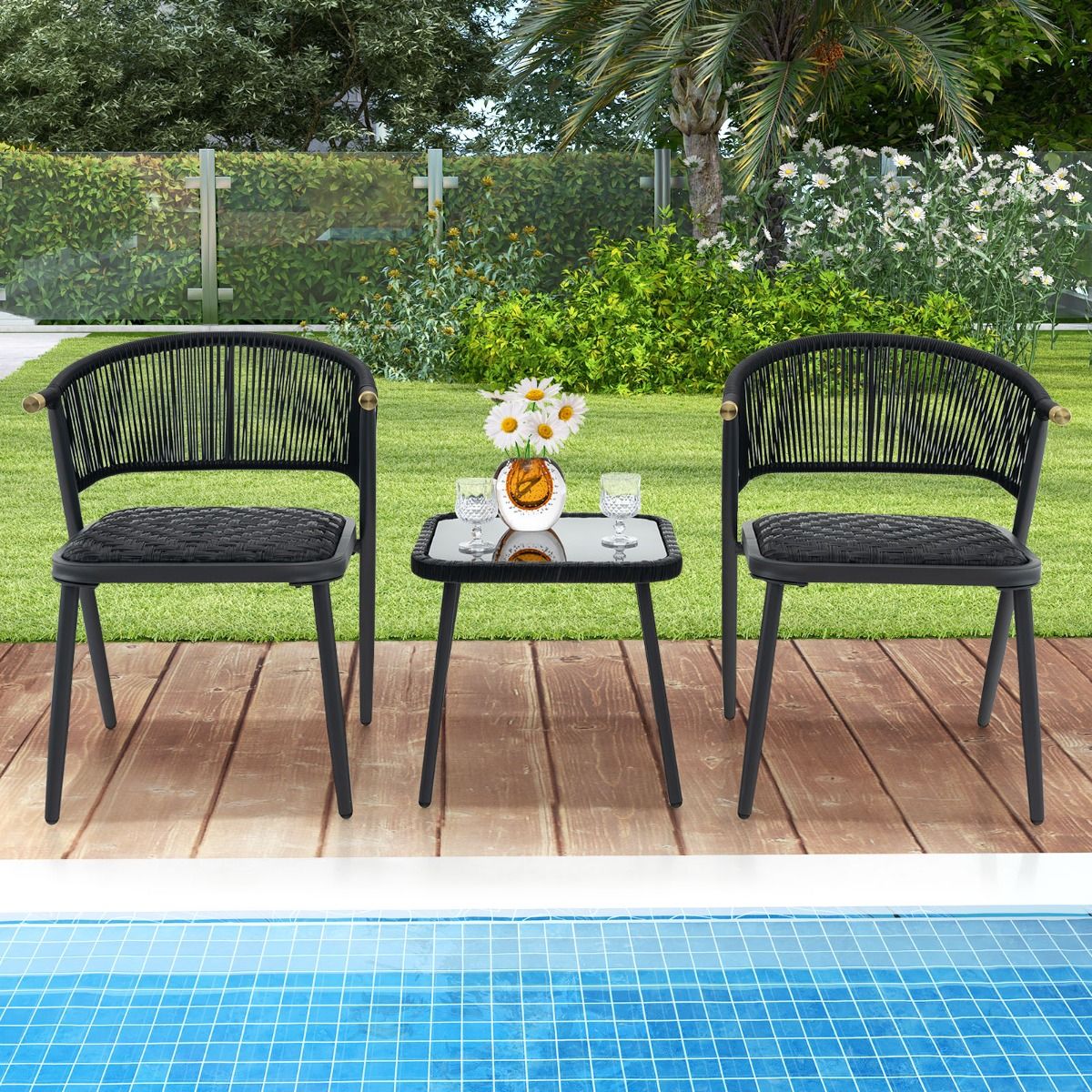 Coast 3-Delige Rotan Loungeset Gemêleerd Bruin - 2 Terrasstoelen met Sneldrogend Schuim en Salontafel van Gehard Glas - 57 x 58 x 76 cm