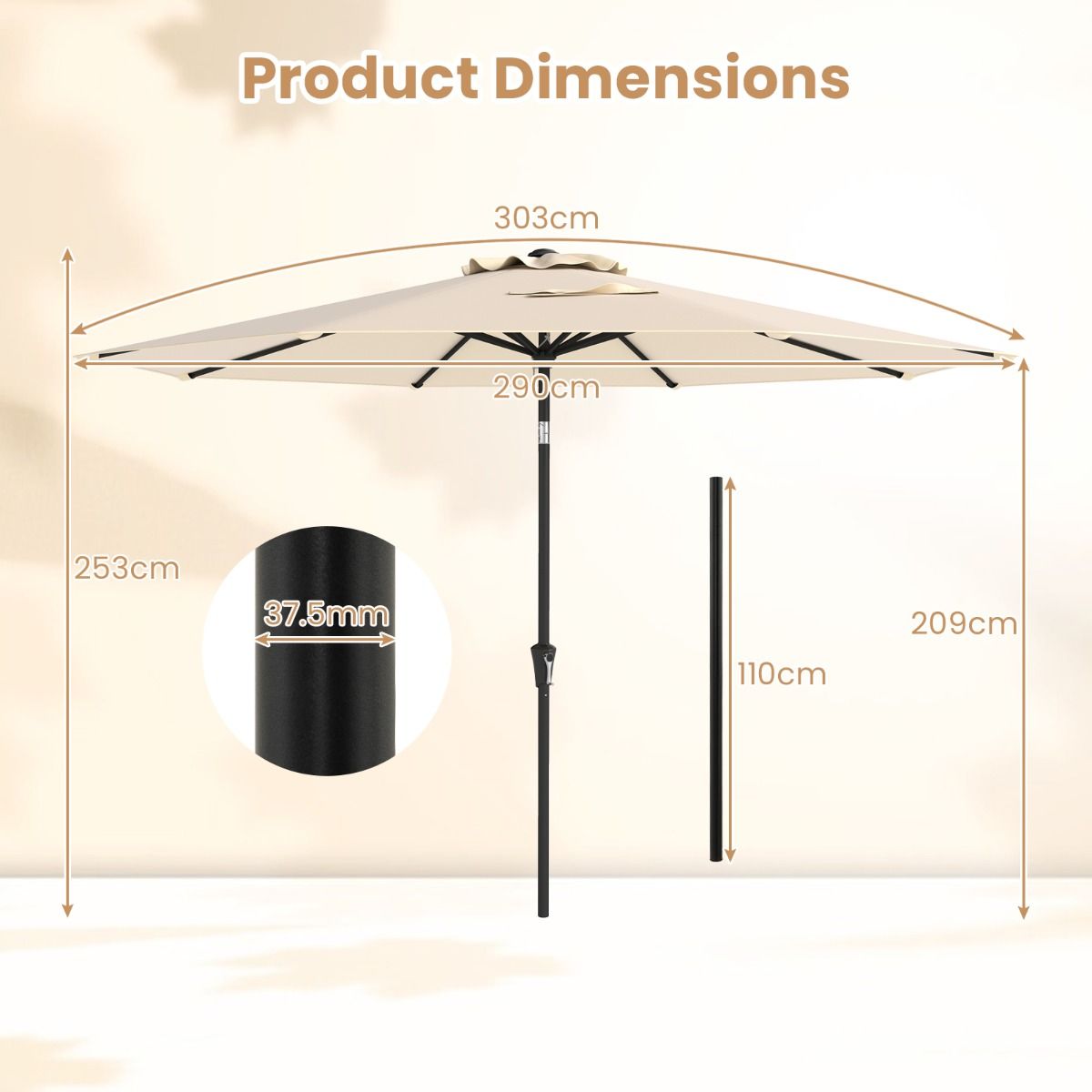 Coast Terrasparasol 303 cm Beige – Kantelbare Parasol met Zwengel, 8 Baleinen & Dubbel Dak voor Tuin, Terras of Zwembad