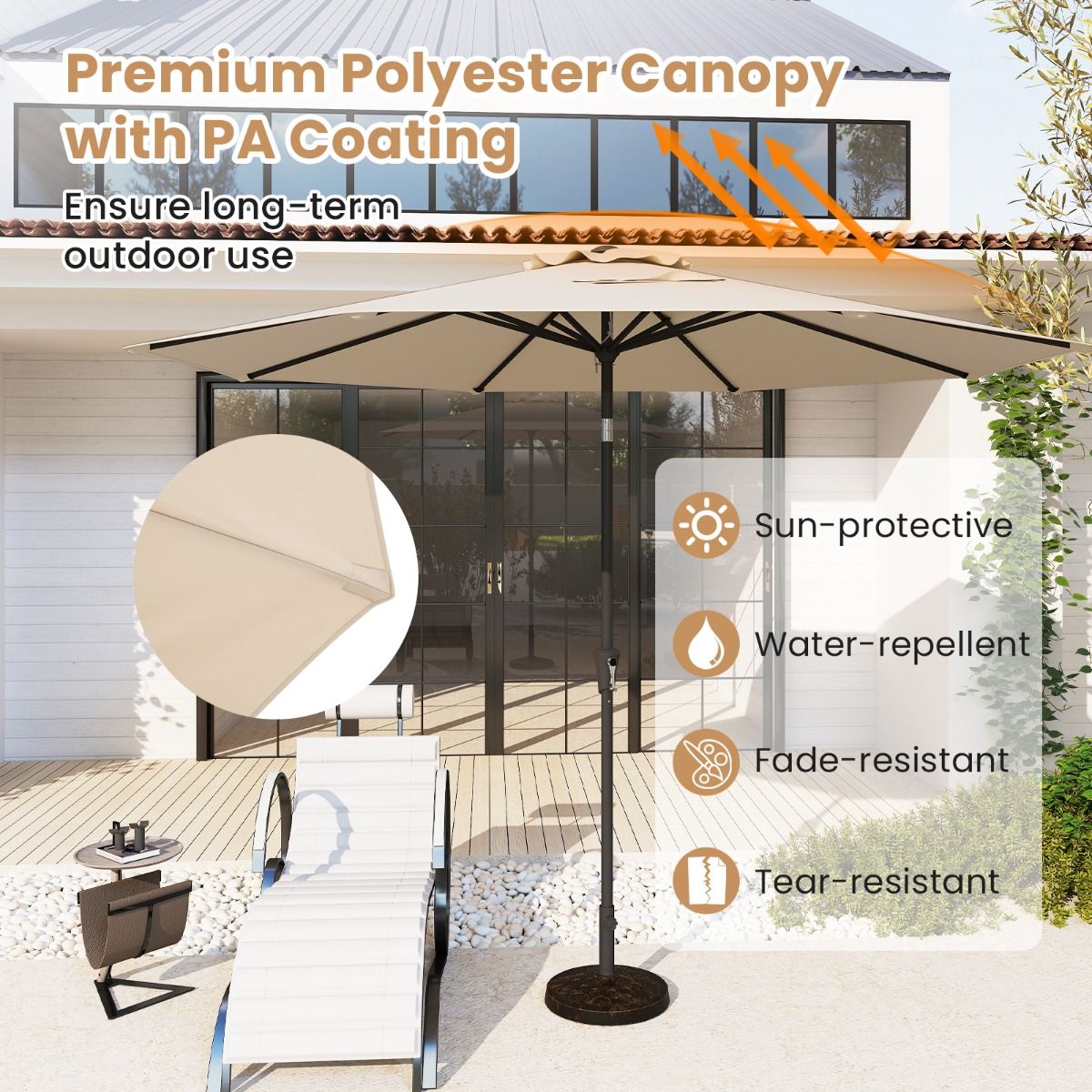 Coast Terrasparasol 303 cm Beige – Kantelbare Parasol met Zwengel, 8 Baleinen & Dubbel Dak voor Tuin, Terras of Zwembad