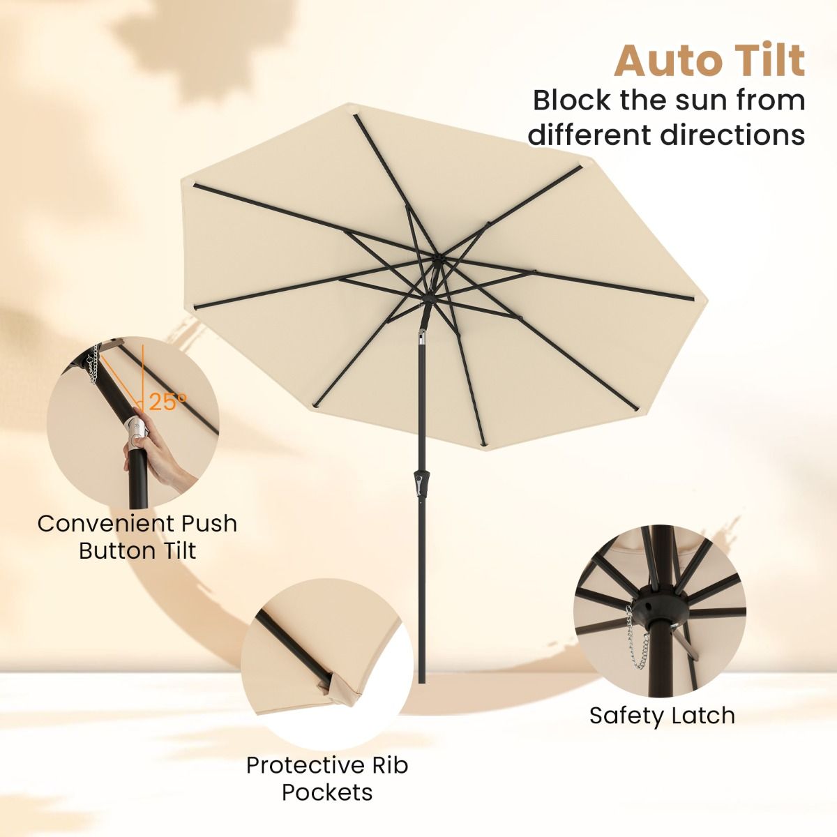 Coast Terrasparasol 303 cm Beige – Kantelbare Parasol met Zwengel, 8 Baleinen & Dubbel Dak voor Tuin, Terras of Zwembad