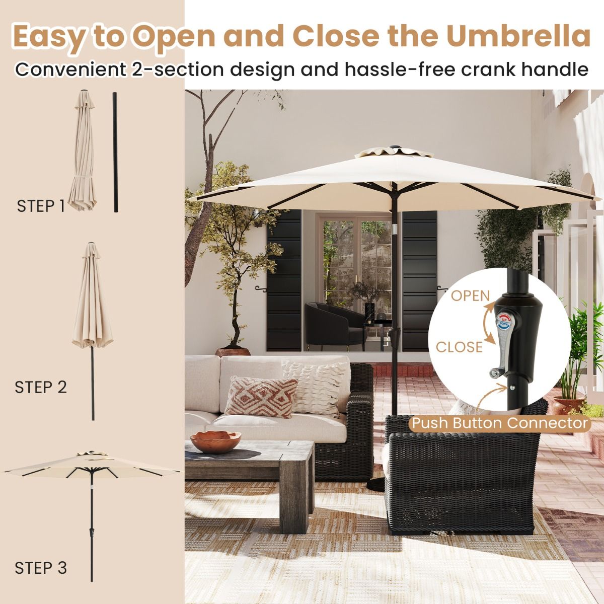 Coast Terrasparasol 303 cm Beige – Kantelbare Parasol met Zwengel, 8 Baleinen & Dubbel Dak voor Tuin, Terras of Zwembad