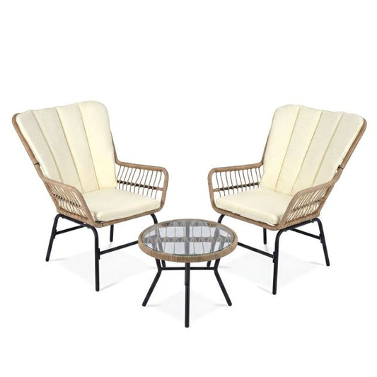 Coast 3-Delige Bistroset- Inclusief Kussens - Gehard Glazen Tafel - Weerbestendig - Bruin/Beige