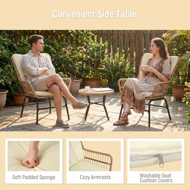 Coast 3-Delige Bistroset- Inclusief Kussens - Gehard Glazen Tafel - Weerbestendig - Bruin/Beige