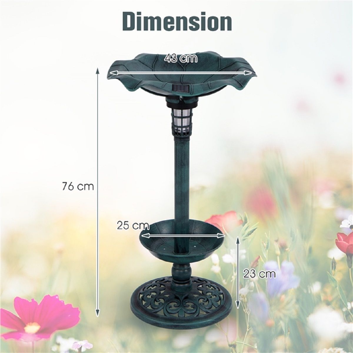 Coast Retro vogelbad met solarverlichting – vogelvoederstation met bloempot en standaard – groen – 43 x 43 x 76 cm