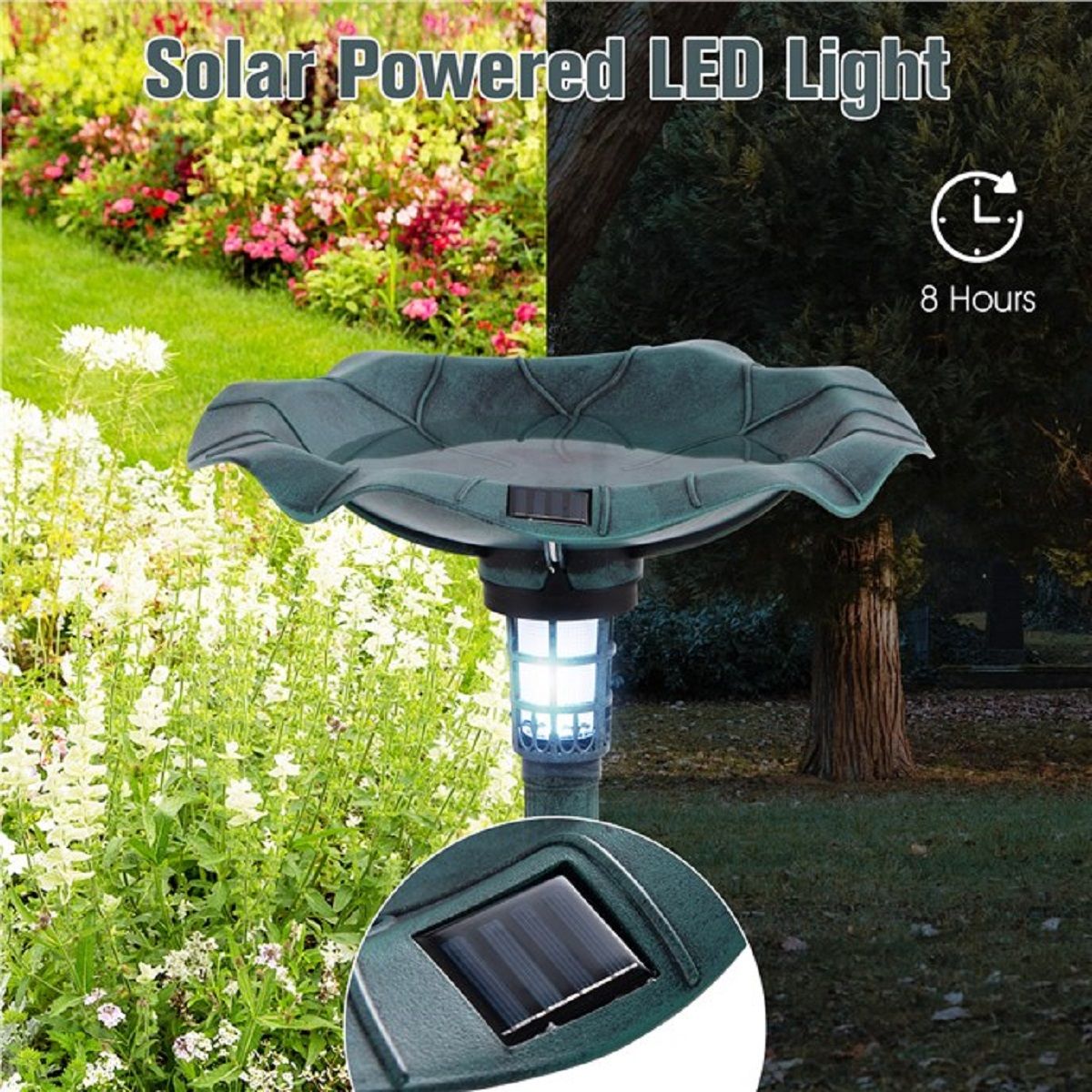 Coast Retro vogelbad met solarverlichting – vogelvoederstation met bloempot en standaard – groen – 43 x 43 x 76 cm