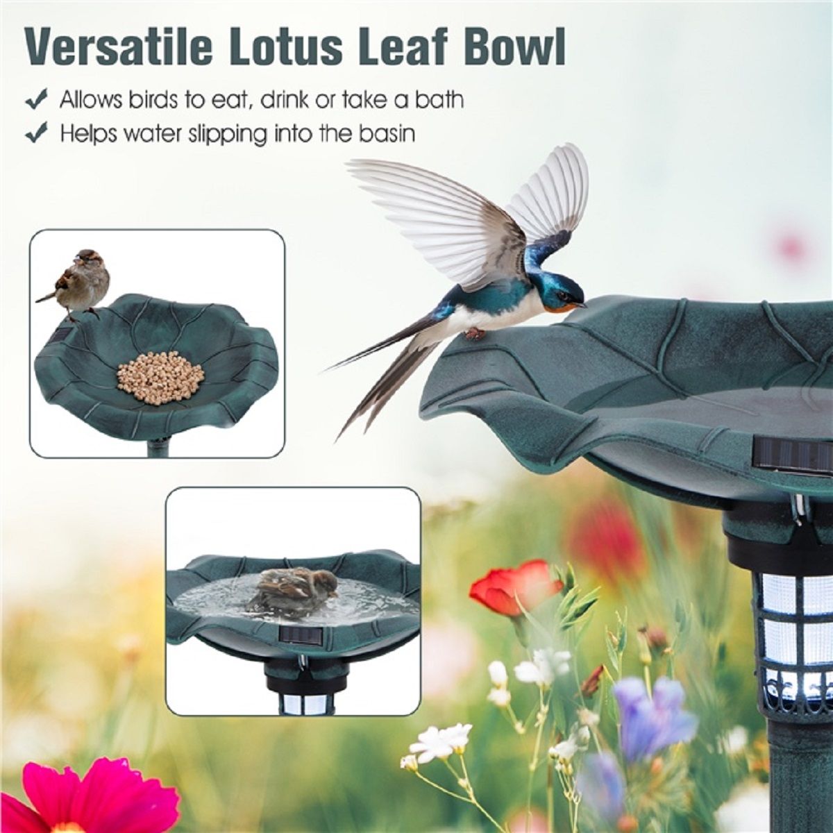 Coast Retro vogelbad met solarverlichting – vogelvoederstation met bloempot en standaard – groen – 43 x 43 x 76 cm
