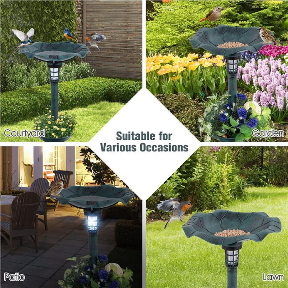Coast Retro vogelbad met solarverlichting – vogelvoederstation met bloempot en standaard – groen – 43 x 43 x 76 cm