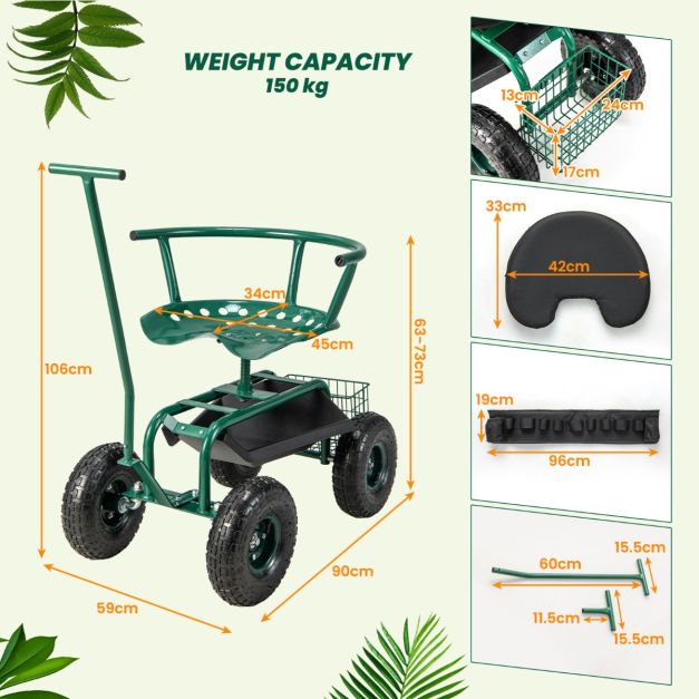 Coast Tuinwagen - Verstelbaar - 360° Draaibaar - 90 x 59 x 106 cm - Groen