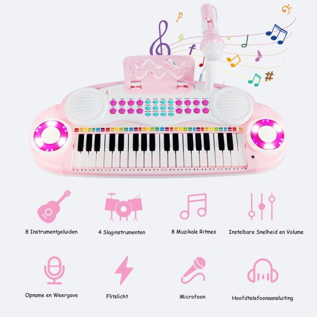 37-Toetsen Elektrisch Keyboard voor Kinderen – Speelgoedpiano met Microfoon, Ritmeverlichting en Afneembare Voetjes – Roze
