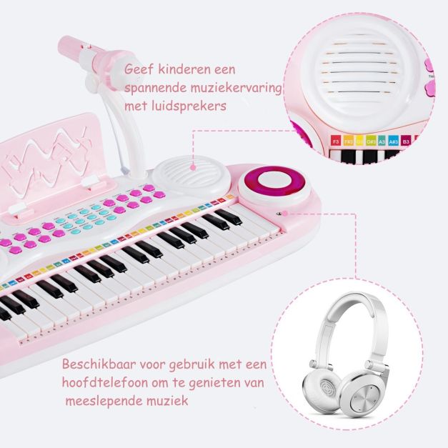 37-Toetsen Elektrisch Keyboard voor Kinderen – Speelgoedpiano met Microfoon, Ritmeverlichting en Afneembare Voetjes – Roze