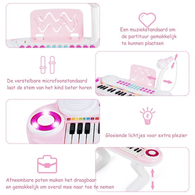 37-Toetsen Elektrisch Keyboard voor Kinderen – Speelgoedpiano met Microfoon, Ritmeverlichting en Afneembare Voetjes – Roze