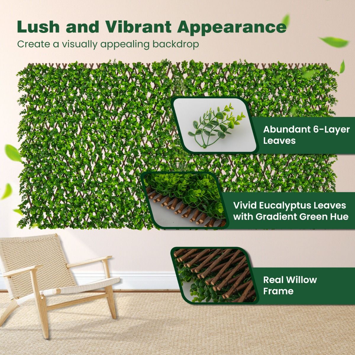 Coast Kunstmatige Klimop Eucalyptus Privacy Scherm – 180 x 90 cm – Groen – Uitschuifbare Tuin- en Balkonomheining van Wilg en PE