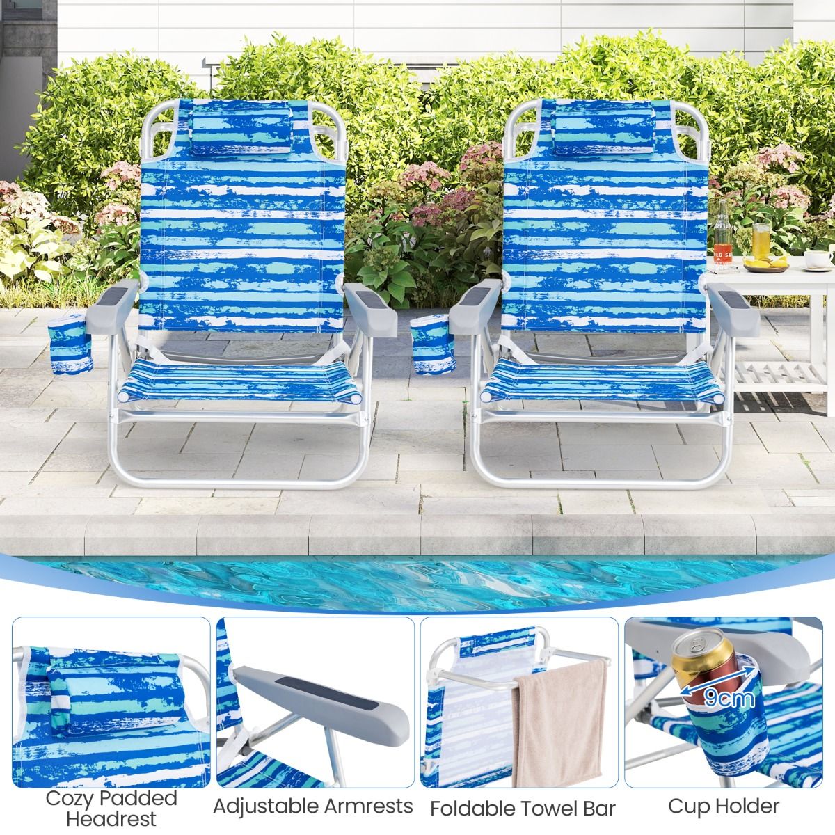 Coast Opvouwbare Strandstoelen 2-Delige Set - Lichtgewicht - Campingstoelen - Verstelbaar - Blauw - 62 x 54 x 80 cm