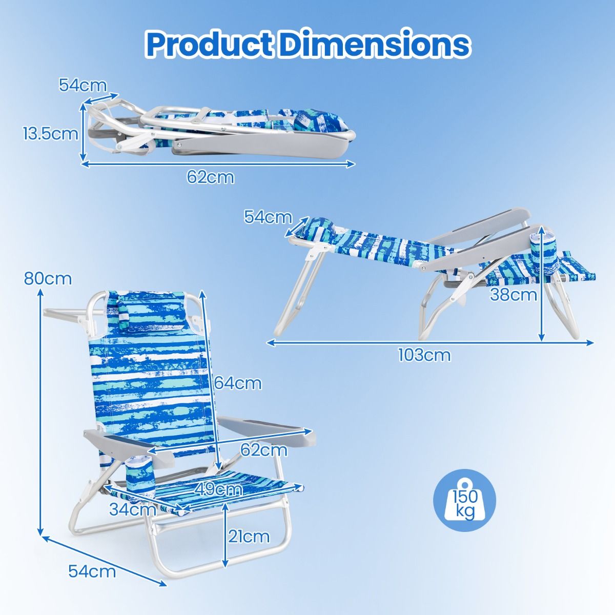 Coast Opvouwbare Strandstoelen 2-Delige Set - Lichtgewicht - Campingstoelen - Verstelbaar - Blauw - 62 x 54 x 80 cm